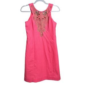 Lilly Pulitzer Pink Embroidered Sheath Dress Size 00 Cutout Back Zipper Lined
